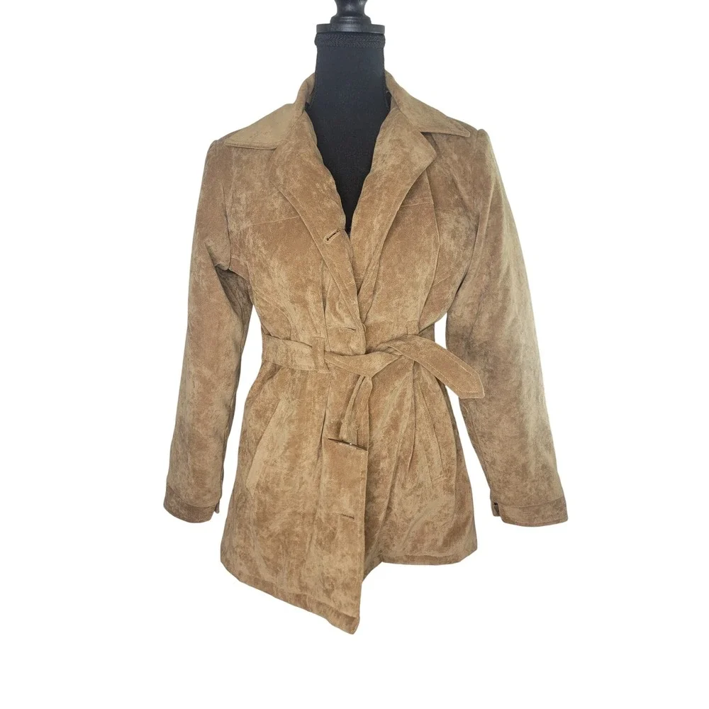 Gaurav Collection Tan Faux Suede Belted Jacket Coat Womens Size 1 Small Tan